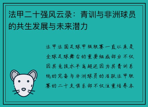 法甲二十强风云录：青训与非洲球员的共生发展与未来潜力