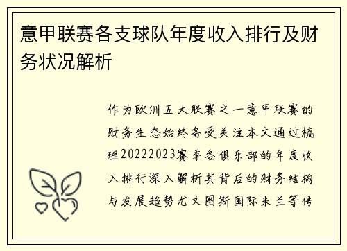 意甲联赛各支球队年度收入排行及财务状况解析