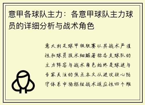意甲各球队主力：各意甲球队主力球员的详细分析与战术角色