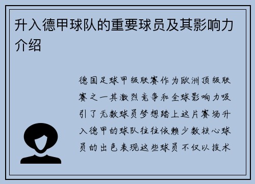 升入德甲球队的重要球员及其影响力介绍