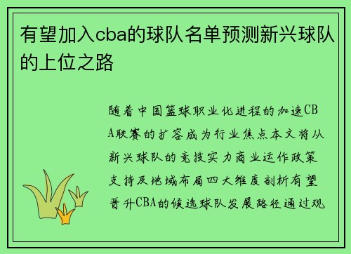 有望加入cba的球队名单预测新兴球队的上位之路