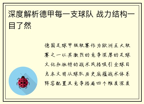 深度解析德甲每一支球队 战力结构一目了然